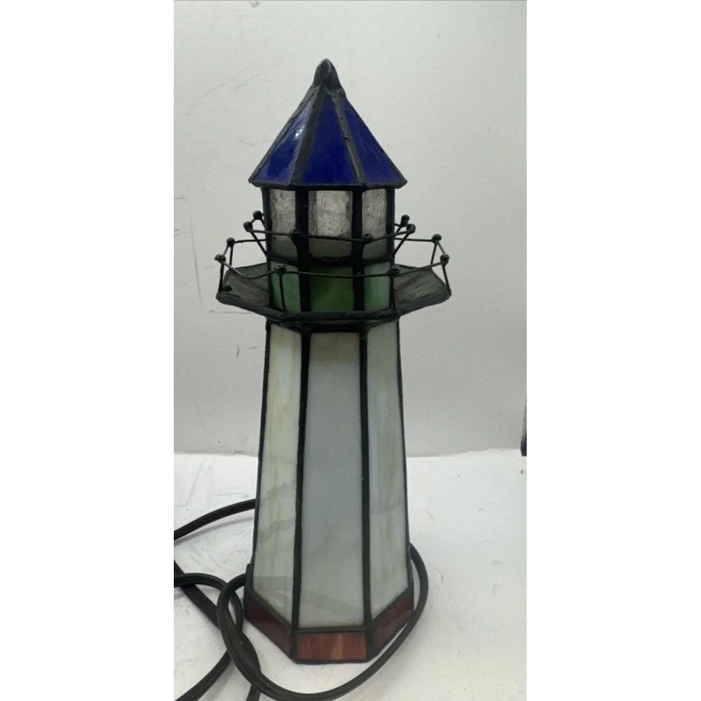 Tiffany Style Stained Slag Glass Lighthouse Accent Lamp Beach Shore WORKS